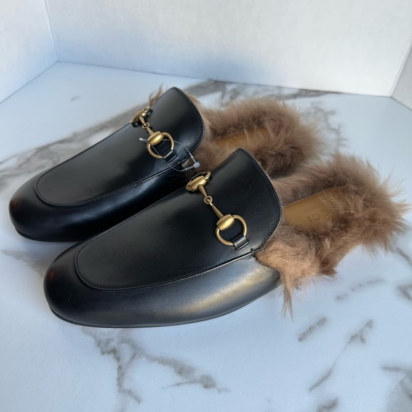Gucci Princetown Black Leather Fur Loafer Slide Slip On Mule Slipper Flat 9 - Picture 2 of 14